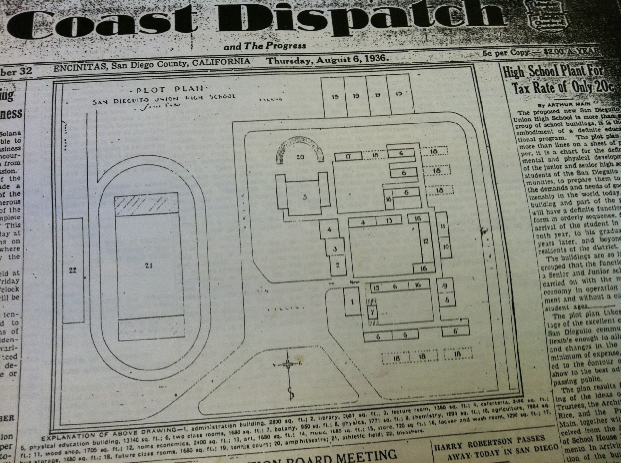 August 1936 Coast Dispatch newspaper clipping showing map of new school 